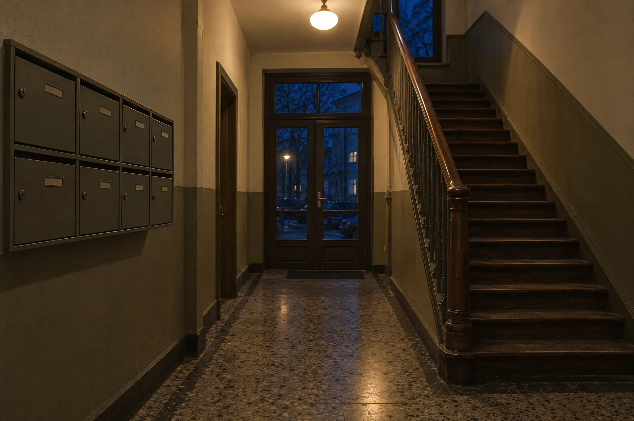 Hausflur eines Berliner Altbaus mit Briefkästen und Treppe am Abend
