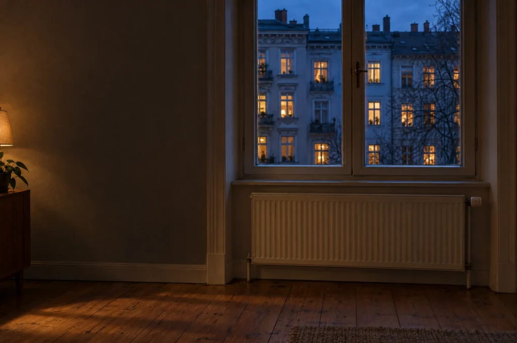 Heizkörper unter einem Altbaufenster am Abend, gegenüber erleuchtete Fenster