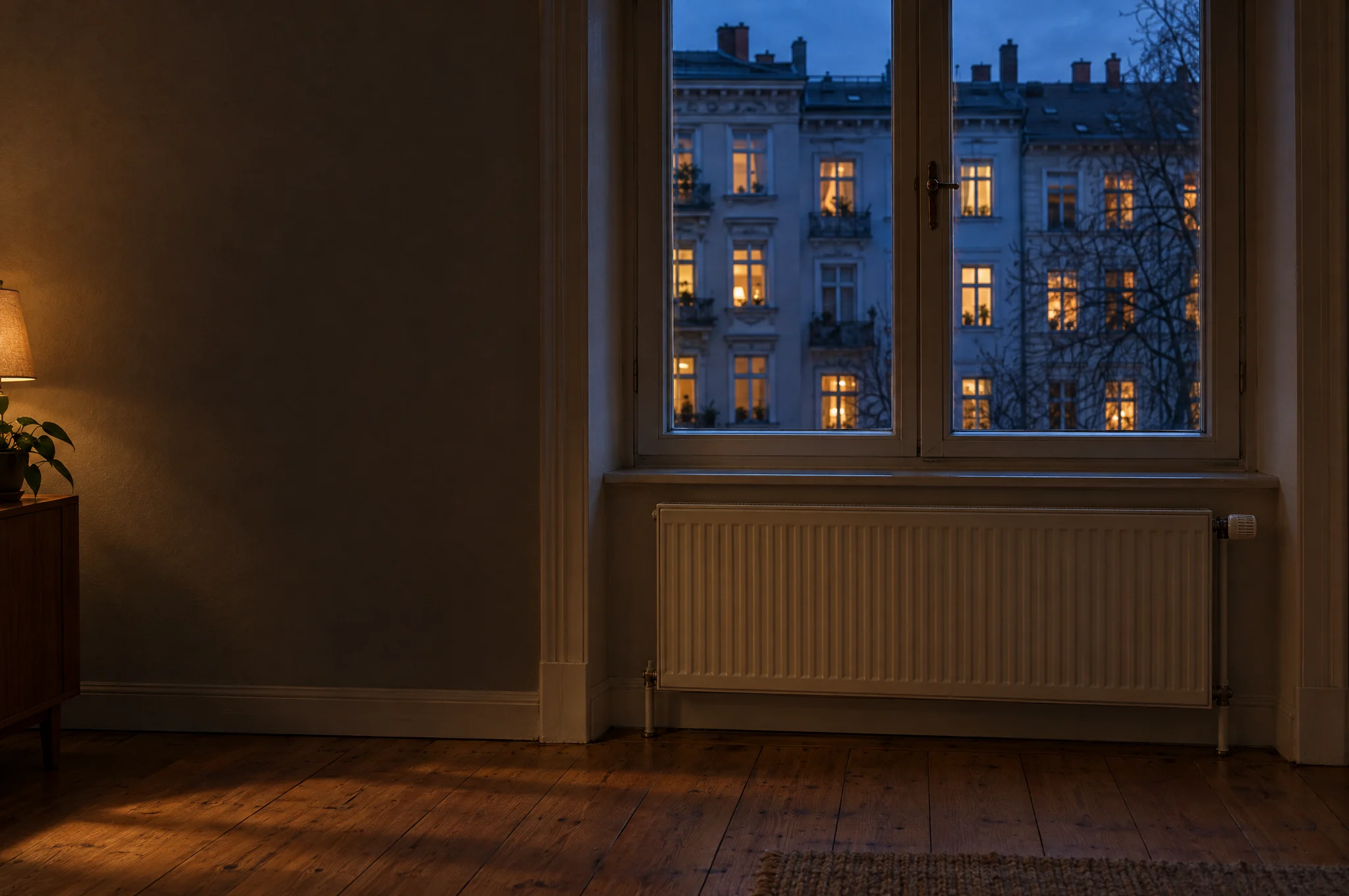 Heizkörper unter einem Altbaufenster am Abend, gegenüber erleuchtete Fenster