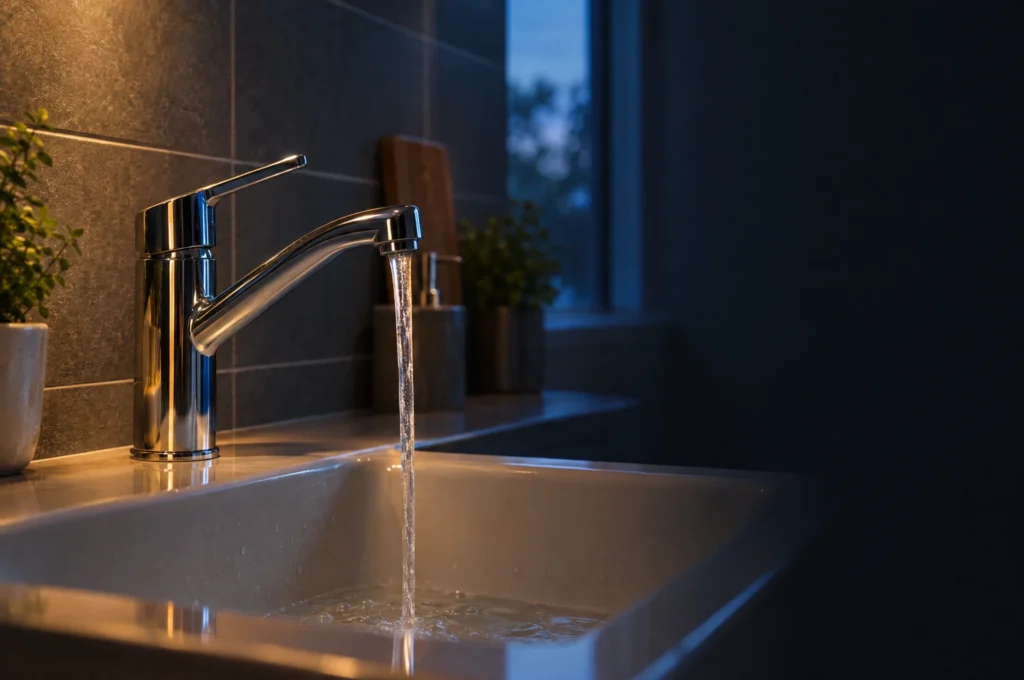 Laufender Wasserhahn über einem Spülbecken am Abend