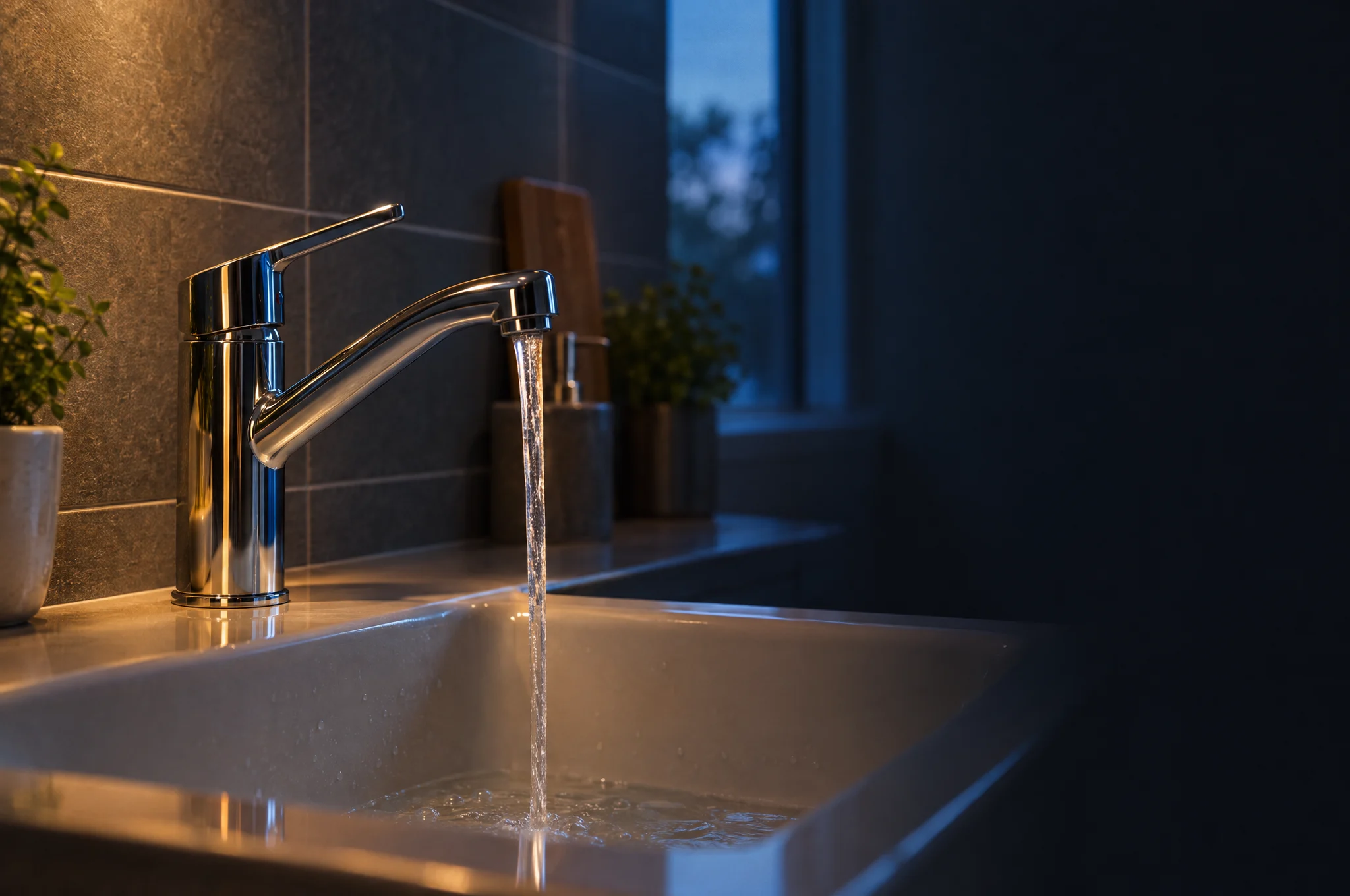 Laufender Wasserhahn über einem Spülbecken am Abend